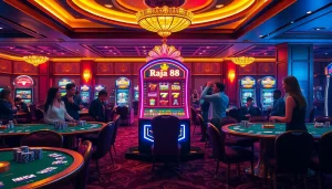 Players interacting with the raja 88 slot machine in a luxurious casino setting.
