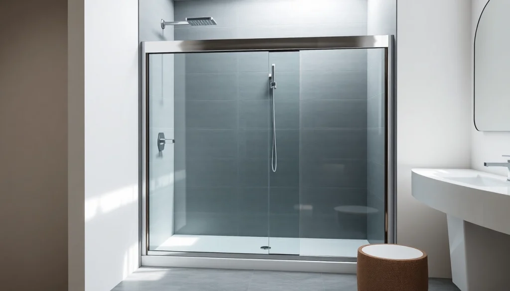 Admiring the sleek black shower sliding door framed with chic metallic accents.