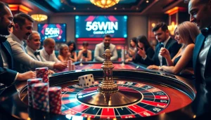 Players enjoying roulette and dice games at the vibrant 56WIN casino.