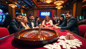 Players enjoying the thrill of casino games at RR88, featuring roulette, poker, and glowing slot machines.
