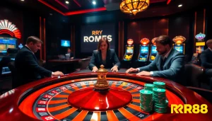 Experience the thrill of gambling at RR88 with an exciting casino scene featuring roulette, poker chips, and vibrant tables.