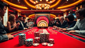 KJC gaming table showcasing high-stakes poker with vibrant chips and cards.
