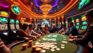 Hitclub players engaged in an exciting poker game at a luxurious casino table.