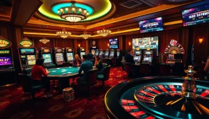 Players enjoying a poker game at tobet88 with vibrant casino elements like chips and roulette.