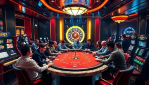 Players engage in a thrilling poker game at a lavish casino, symbolizing mk8th.net's vibrant gambling experience.