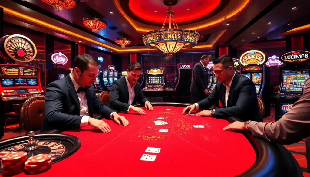 Người chơi thắng lớn tại casino LUCK8, ăn mừng với những đồng chip poker đầy màu sắc và các máy đánh bạc đầy hứng khởi.