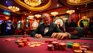 Play poker at https://xx88.black/ in a luxurious casino with vibrant chips and cards.
