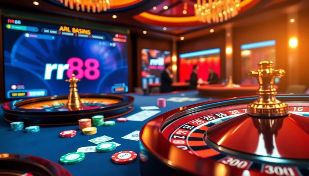 Experience the thrill of rr88 betting with an exciting casino scene showcasing poker chips and a roulette wheel.