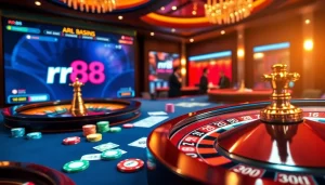 Experience the thrill of rr88 betting with an exciting casino scene showcasing poker chips and a roulette wheel.