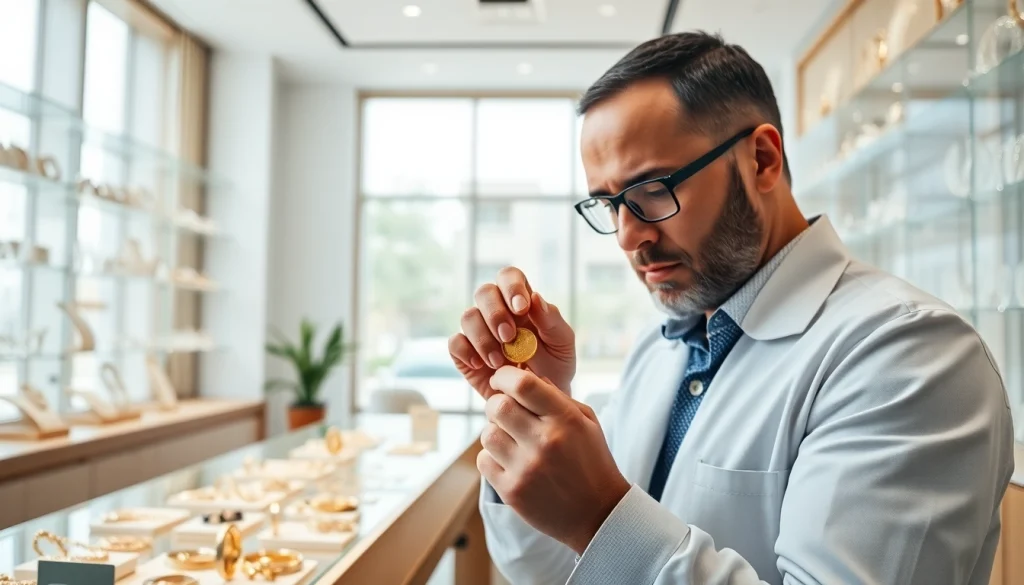 Valutazione del compro oro da parte di un gioielliere esperto in un ambiente luminoso.
