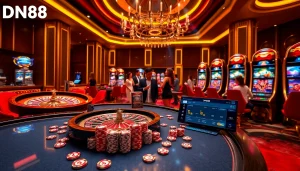 Experience the excitement of DN88 with a thrilling casino scene featuring roulette and slot machines.