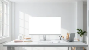 White screen tool in a minimalistic workspace for cleaning monitors and enhancing lighting.