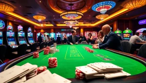 SOIBET casino scene showcasing an exciting gambling atmosphere with tables, chips, and players.
