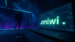 Explore the hidden wiki's mysterious dark web landscape with glowing .onion URLs, illustrating digital anonymity.