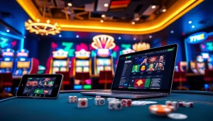 Dynamic scene showcasing the 77EE online betting platform with players enjoying a modern casino experience.