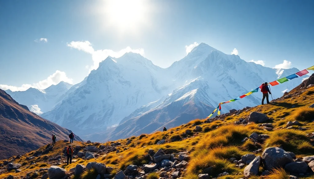 Stunning Manaslu Circuit Trek view with trekkers at Larkya La Pass showcasing Mount Manaslu.
