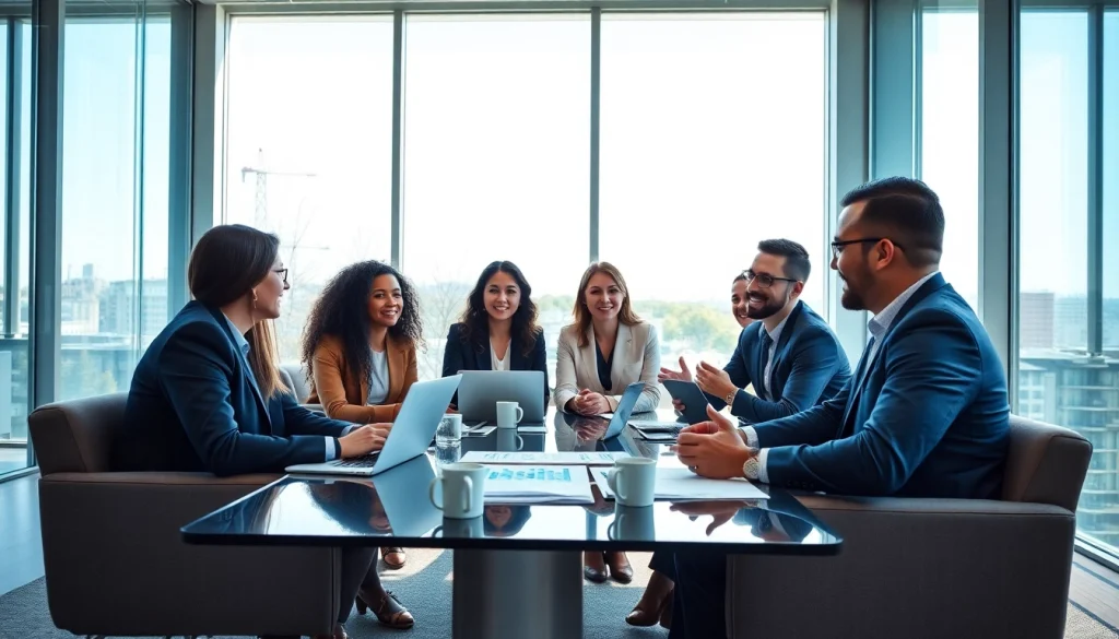 Diskusi strategi keuangan dengan deposit 1k di ruang konferensi modern.