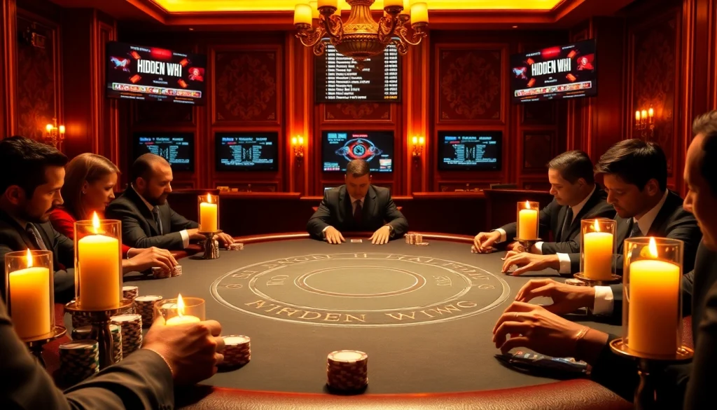 Engaging poker players at a luxurious casino table inspired by elements of the hidden wiki dark web.