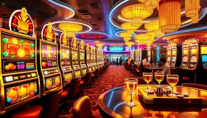 Players enjoying the nổ hũ slot machines in a vibrant casino environment, filled with excitement and color.