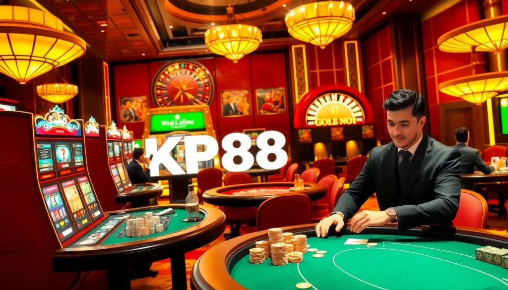 Engaging KP88 casino scene with vibrant slot machines and energetic players.