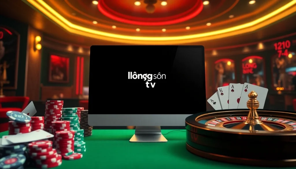 Lương Sơn TV logo displayed on a vibrant online casino interface with poker chips and roulette wheel.