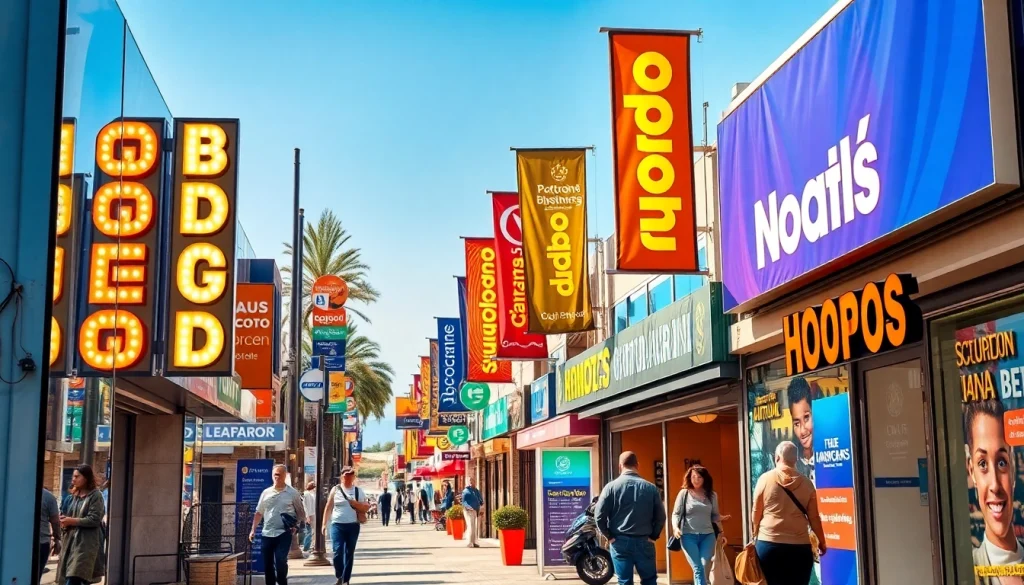 Rótulos y pancartas personalizados que muestran rótulos en Alicante en un entorno comercial dinámico.