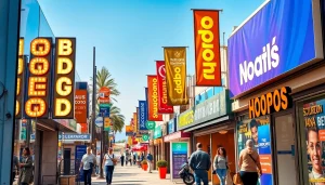 Rótulos y pancartas personalizados que muestran rótulos en Alicante en un entorno comercial dinámico.