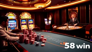 Experience excitement at 58win with players engaging at a luxurious poker table in an upscale casino.
