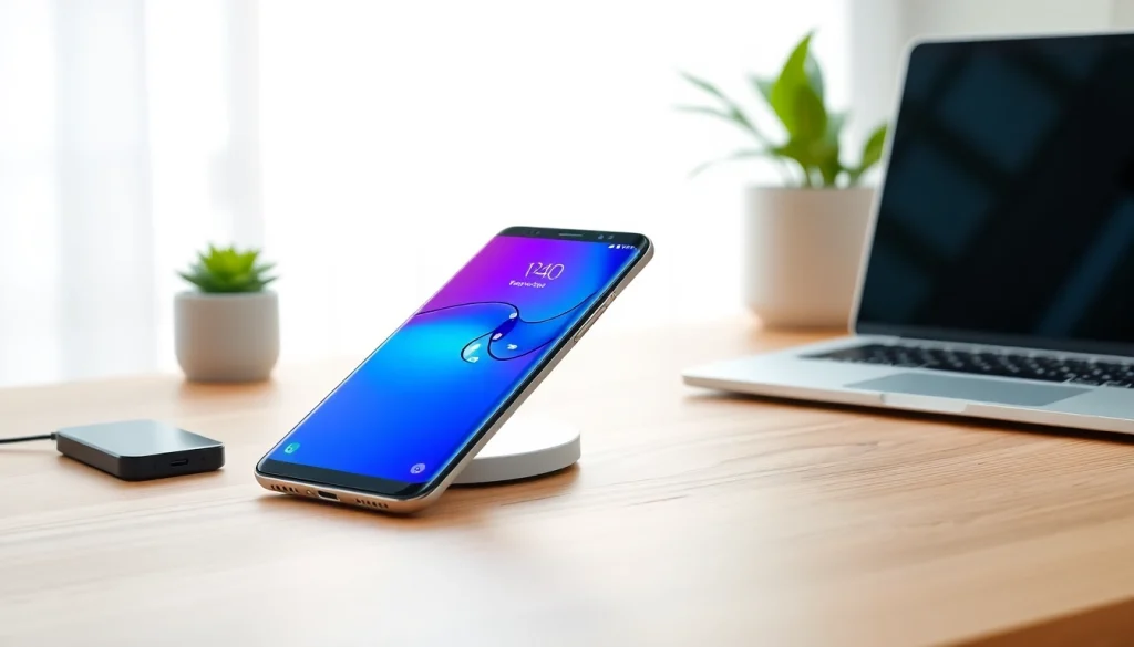 The Samsung Galaxy S8 displayed elegantly on a desk with tech accessories, highlighting its sleek design and vibrant interface.