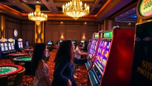 Para pemain menikmati permainan taruhan tinggi di kasino dengan opsi Slot Deposit 1000, merayakan kemenangan.