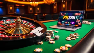 Exciting RR88 gaming scene with roulette wheel, chips, and luxury casino ambiance.