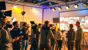 Engaged video production Phoenix team collaborating in a creative studio environment.