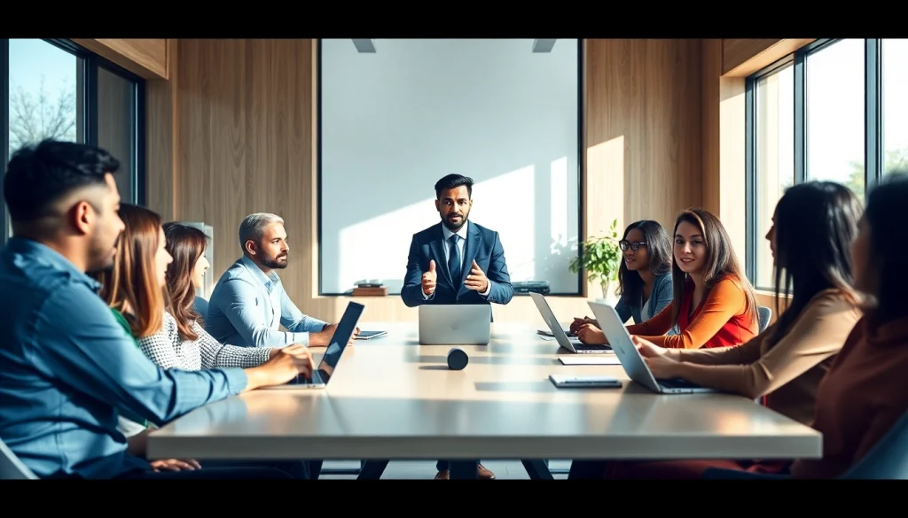 Engaging business coach near me working with diverse clients in a professional office environment.