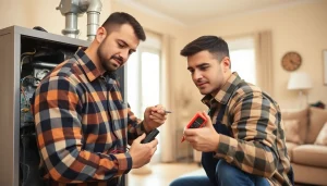 Technician performing furnace repair Mt Kisco in a warm living room, demonstrating expertise and reliability.