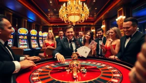 Haywin players celebrating a big win at a glamorous casino roulette table.