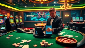 Người chơi tham gia trải nghiệm sử dụng ứng dụng BetVIP tại một casino sang trọng, với các bàn chơi sôi động và những chiếc chip poker.