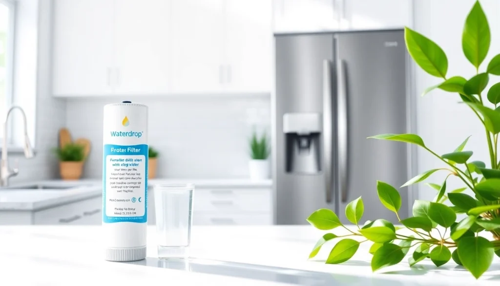 Waterdrop WF1CB Replacement for Frigidaire® PureSource WFCB showcased in a clean kitchen with clear water glass.