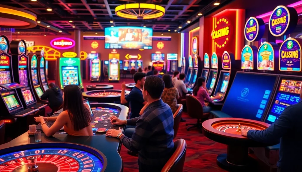Exciting gameplay at 55WW online casino with diverse players enjoying slot machines and table games.
