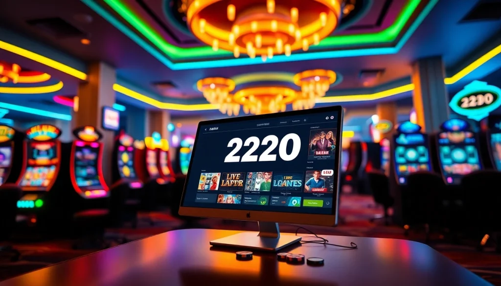 Experience 222O platform interface in a vibrant gaming room with colorful lights.