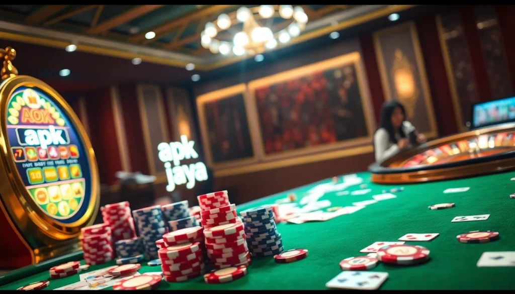 Engaging players at the apk jaya slot machine, showcasing poker chips and vibrant cards.