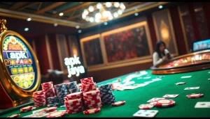 Engaging players at the apk jaya slot machine, showcasing poker chips and vibrant cards.
