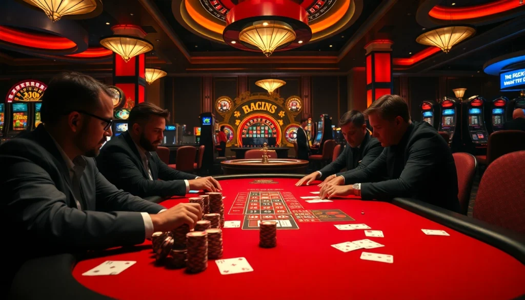 Engaging players at a high-stakes poker table in a luxurious casino linked to https://www.6rwin5.com/.