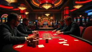 Engaging players at a high-stakes poker table in a luxurious casino linked to https://www.6rwin5.com/.