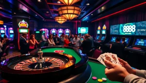 Experience the excitement of 88i with players at a luxurious poker table in an online casino setting.