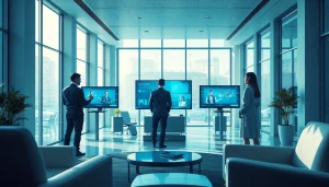 Interactive scene showcasing users engaging with NSFW AI technology in a modern workspace.