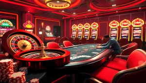 Experience luxury gaming at EK333 with poker tables and vibrant slot machines.