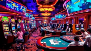 Players enjoying their luck at HITCLUB online casino with vibrant slot machines and gaming tables.