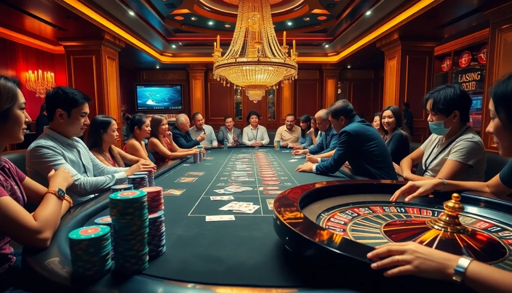 Players engaged in thrilling poker at a casino table, featuring raja 88 betting chips and cards.