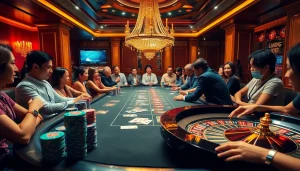 Players engaged in thrilling poker at a casino table, featuring raja 88 betting chips and cards.