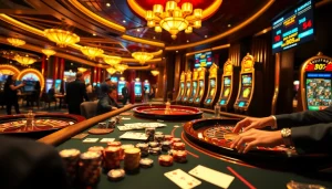 Experience the thrill of gambling at https://www.6l777.org/ with a vibrant casino scene filled with poker chips and dice.